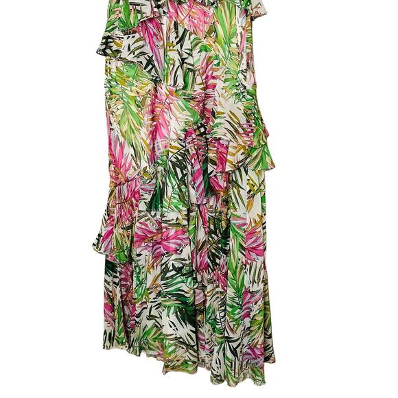 Badgley Mischka Palm Print Ruffle Pink Green Maxi Dress Size 4 - Picture 7 of 16